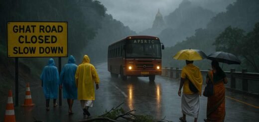 Pilgrims in rain ponchos and umbrellas on Tirumala ghat road during Cyclone Ditwah, with an APSRTC bus, road-closure sign, fallen branches and the misty temple spire in the distance.
