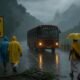 Pilgrims in rain ponchos and umbrellas on Tirumala ghat road during Cyclone Ditwah, with an APSRTC bus, road-closure sign, fallen branches and the misty temple spire in the distance.