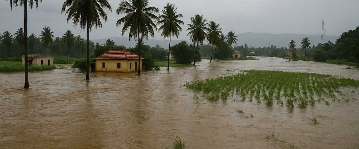 Flooded fields and houses after Rayalacheruvu bund breach in Tirupati district