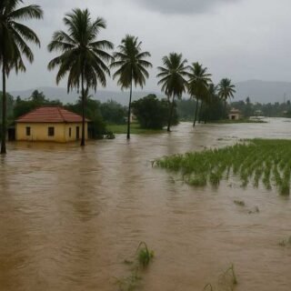 Flooded fields and houses after Rayalacheruvu bund breach in Tirupati district