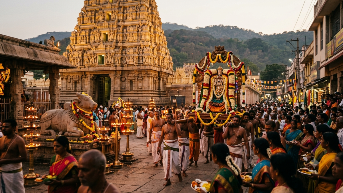 Kapileswara Swamy Brahmotsavam evening vahana procession with lamps at Kapila Theertham temple, Tirupati