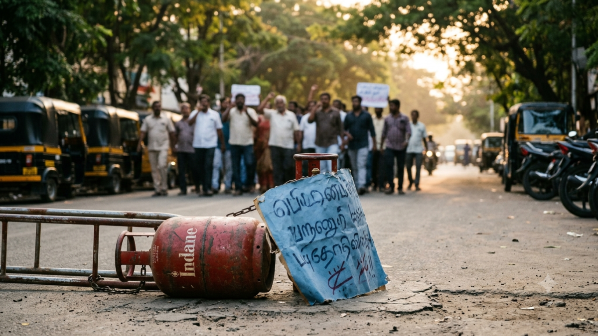 Fuel price hike protest in Tirupati: an LPG cylinder and placard on a South Indian street with a distant crowd.