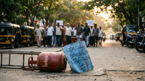 Fuel price hike protest in Tirupati: an LPG cylinder and placard on a South Indian street with a distant crowd.