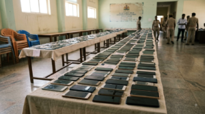 Recovered handsets on tables at a police handover event for a stolen phone in Tirupati district