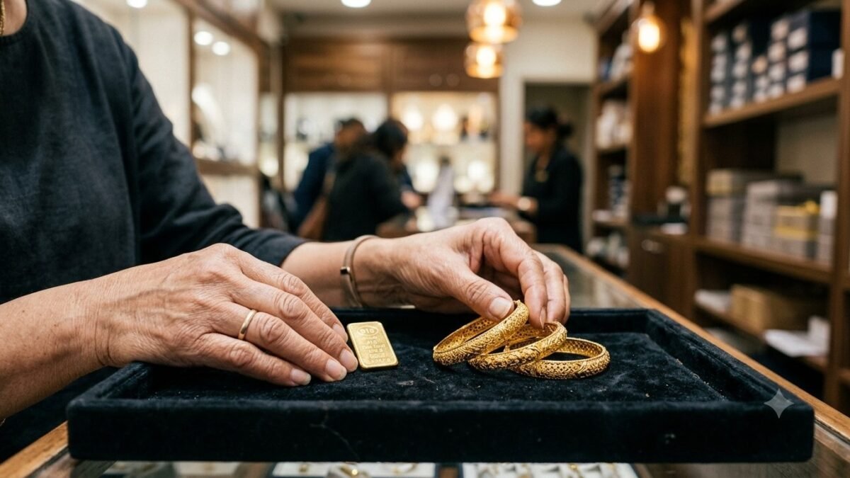 Gold rate in Tirupati shown by 22-carat gold bangles and an ingot on a jeweller's tray