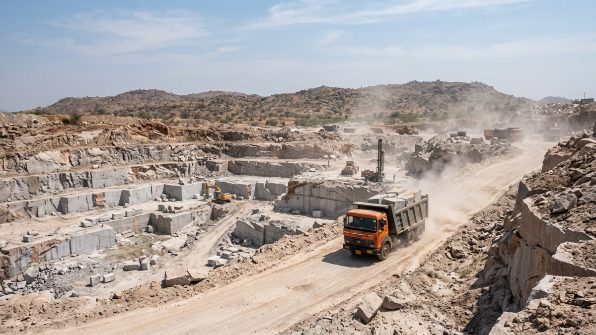 Granite quarrying dust pollution rising from a stepped quarry pit near Tirupati