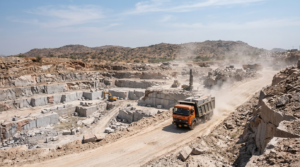 Granite quarrying dust pollution rising from a stepped quarry pit near Tirupati