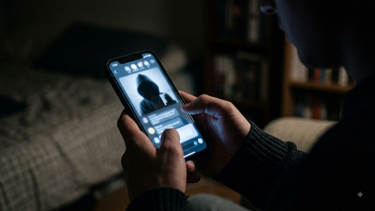 Person on phone at night illustrating honey trap cyber fraud risk in Tirupati