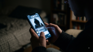 Person on phone at night illustrating honey trap cyber fraud risk in Tirupati