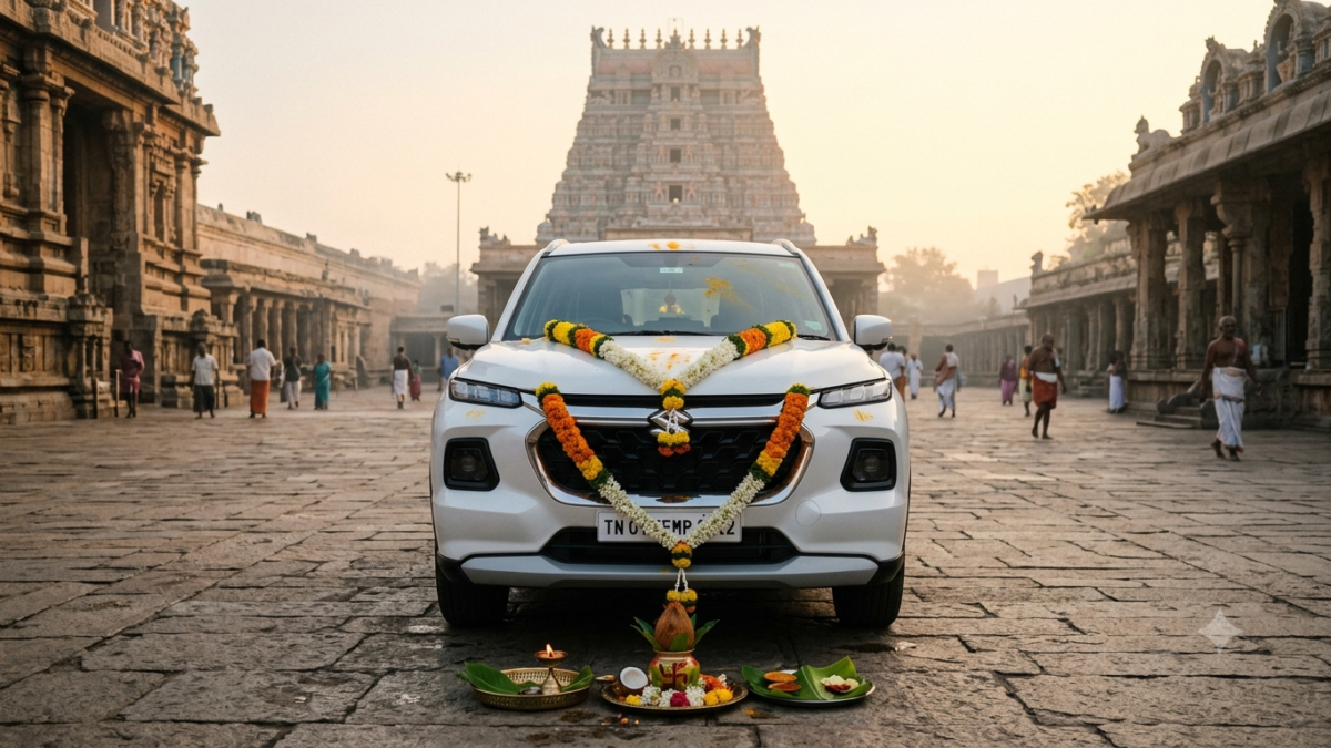 Garland-decorated white SUV after an Innova car donation to TTD blessing at Tirumala