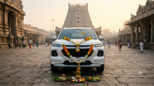 Garland-decorated white SUV after an Innova car donation to TTD blessing at Tirumala