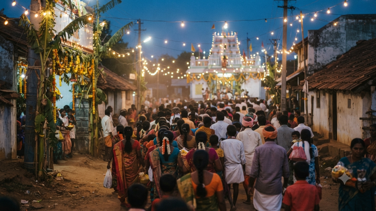 Kuppam Gangamma Jatara devotees queueing outside a South Indian village temple at dusk