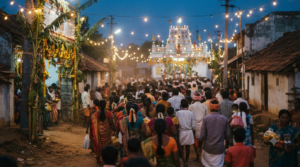 Kuppam Gangamma Jatara devotees queueing outside a South Indian village temple at dusk