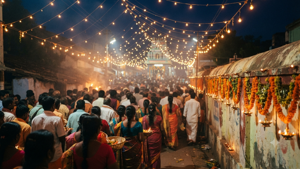 Kuppam Gangamma temple jatara crowd with oil lamps at a South Indian folk shrine at night