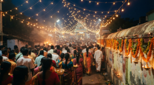 Kuppam Gangamma temple jatara crowd with oil lamps at a South Indian folk shrine at night