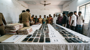 Rows of recovered handsets on a table at a police handover of lost mobile phones in Tirupati