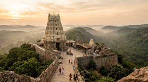 Manoj Sinha Tirumala temple visit: white gopuram of the Sri Venkateswara shrine on the Seshachalam hills