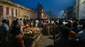 Devotees before dawn at the Prasanna Tirupati Gangamma temple in Kuppam during the annual jatara