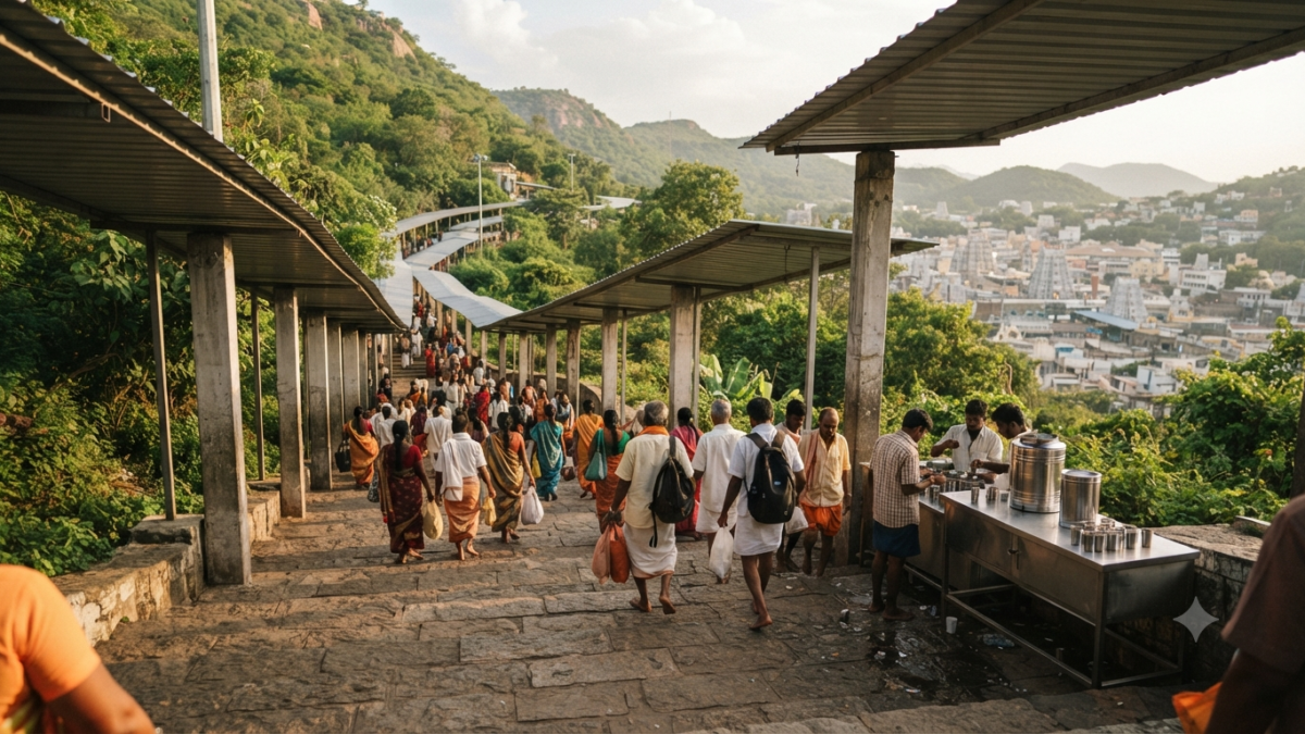 Ram Mohan Naidu Tirumala visit context with pilgrims on the Alipiri footpath during summer