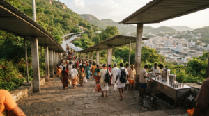 Ram Mohan Naidu Tirumala visit context with pilgrims on the Alipiri footpath during summer