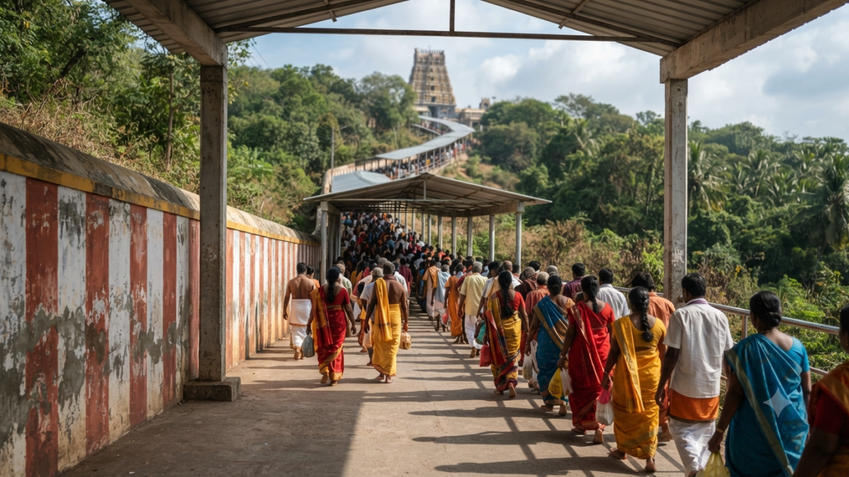Roja Selvamani Tirumala visit context: pilgrims in the covered TTD darshan queue approach at Tirumala