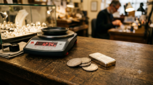 Silver rate in Tirupati shown as hallmarked silver coins and bars on a jeweller's weighing scale