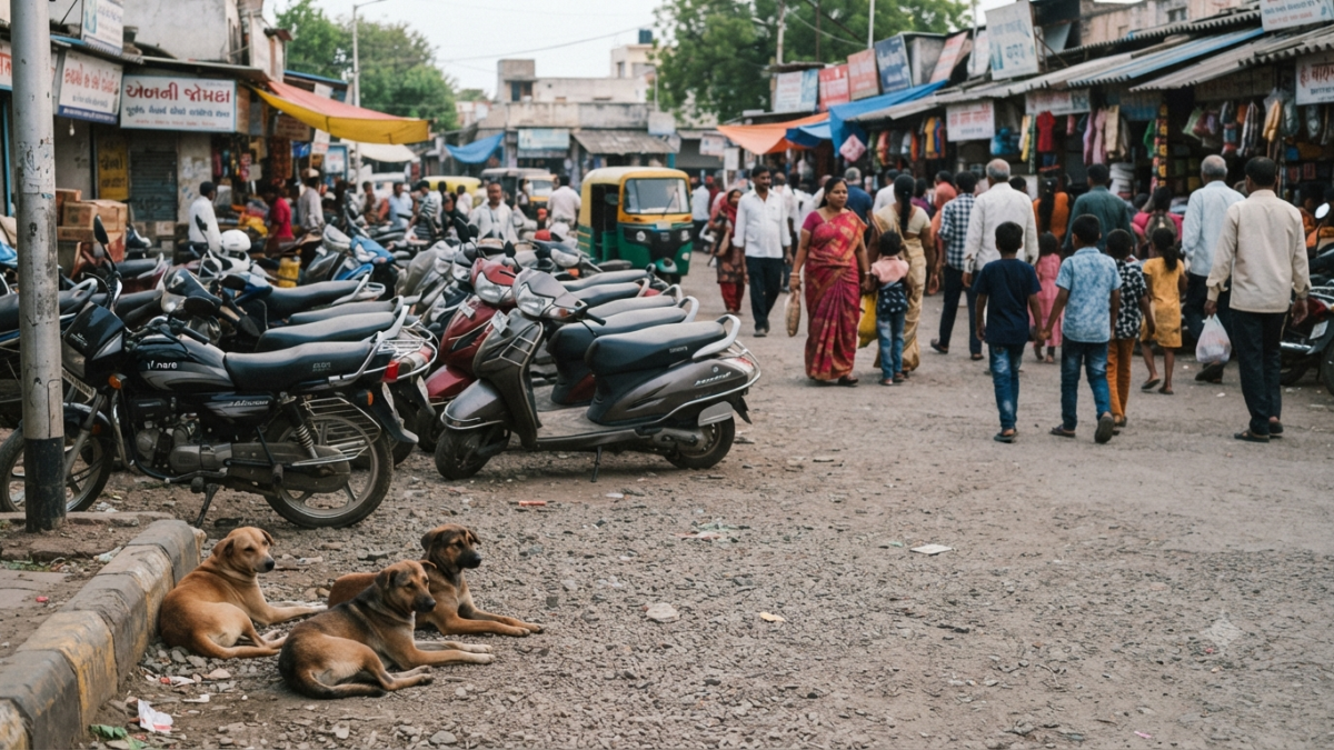 Surat stray dog attack child safety scene near an urban market parking area