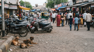 Surat stray dog attack child safety scene near an urban market parking area