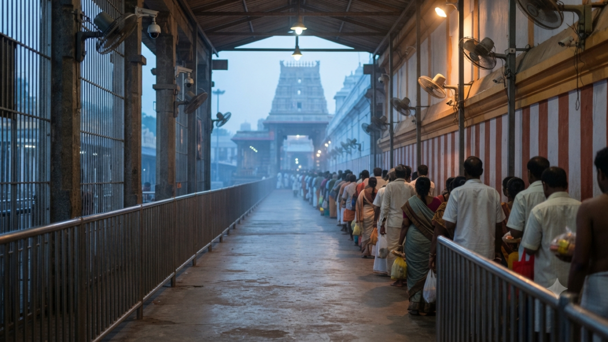 TTD crowd management at Tirumala: pilgrims waiting in a barricaded covered queue corridor at dawn