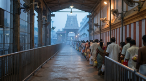 TTD crowd management at Tirumala: pilgrims waiting in a barricaded covered queue corridor at dawn