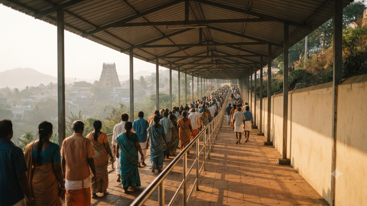 TTD summer arrangements at Tirumala: pilgrims waiting in a shaded queue corridor