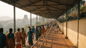 TTD summer arrangements at Tirumala: pilgrims waiting in a shaded queue corridor
