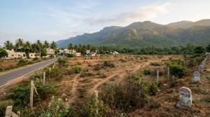 Vacant land at Kovaipudur marked for the TTD temple in Coimbatore, Western Ghats behind