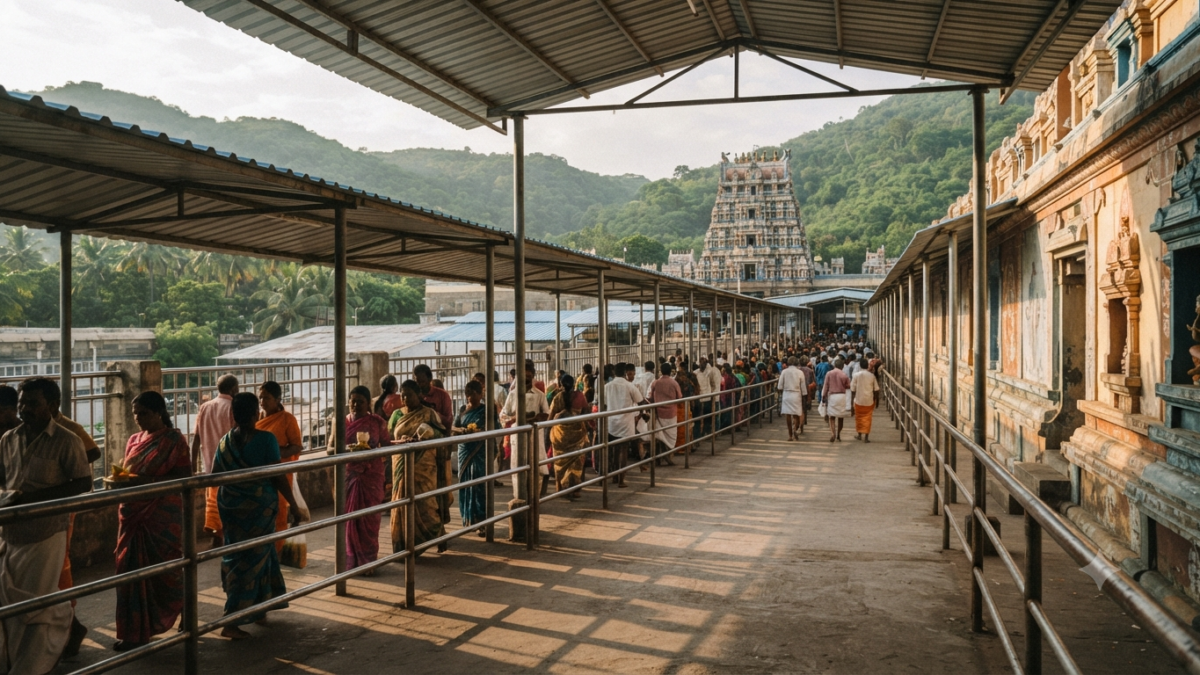 Tirumala crowd management queue lines with pilgrims waiting inside a covered walkway near the temple complex
