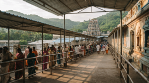 Tirumala crowd management queue lines with pilgrims waiting inside a covered walkway near the temple complex