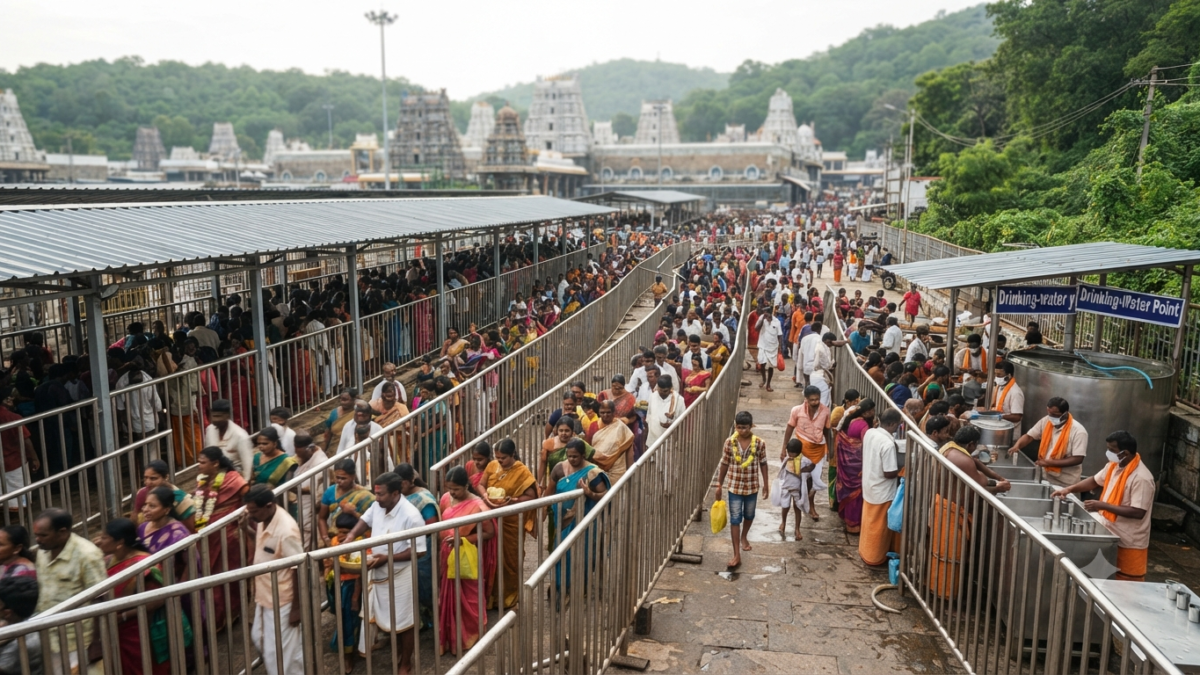 Tirumala darshan crowd waiting in managed pilgrim queue lines
