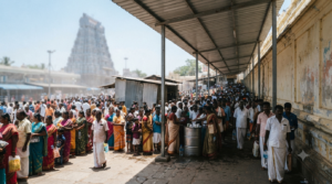 Tirumala summer darshan queue of pilgrims waiting under covered shade sheds in harsh light