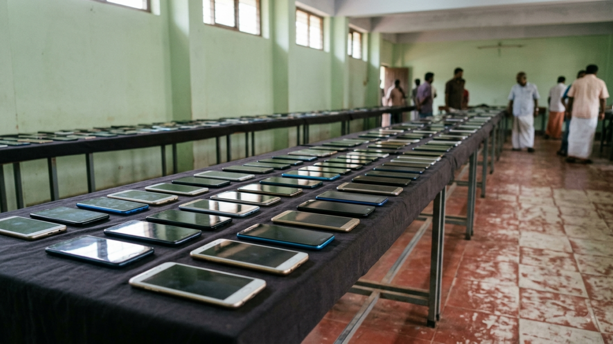 Tirupati police stolen phones recovered and arranged in rows on a table before handover