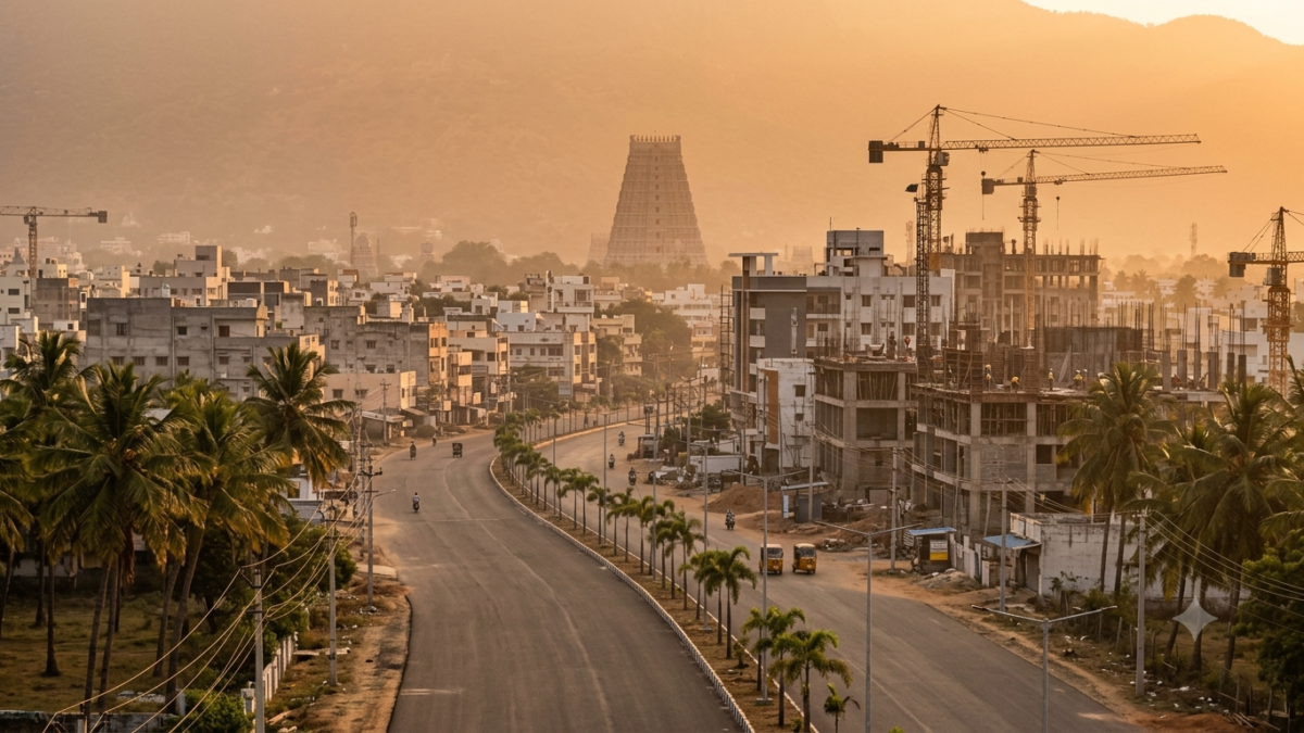 Tirupati growth engine: expanding city skyline with a distant temple gopuram