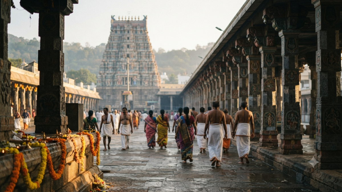 VVS Laxman Tirumala visit: pilgrims in traditional dress approaching the Tirumala temple at dawn
