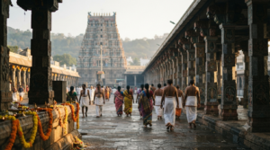VVS Laxman Tirumala visit: pilgrims in traditional dress approaching the Tirumala temple at dawn