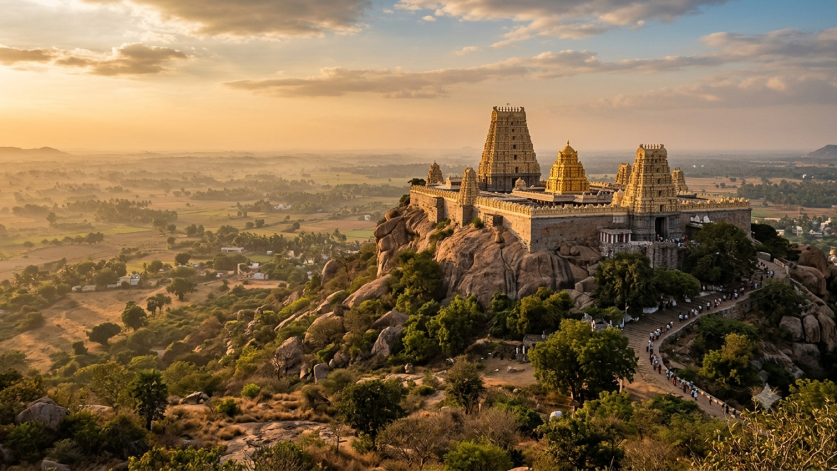 Yadadri temple board news: Yadagirigutta hill shrine in Telangana at golden hour