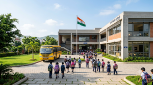 Uniformed students arriving at a school campus, illustrating the best schools in Tirupati