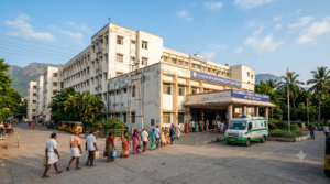 Signboard and outpatient block of government hospitals in Tirupati with an ambulance at the entrance