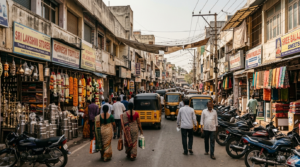 Shoppers browsing textile and puja-item stalls at the busy Gandhi Road markets in Tirupati