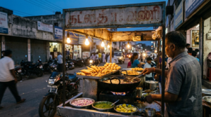 Restaurants in Tirupati guide - evening street food cart frying mirchi bajji and punugulu near a busy town junction