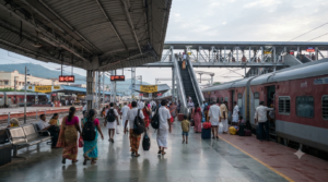 Tirupati railway station platform with waiting pilgrims, escalators and a train at the halt
